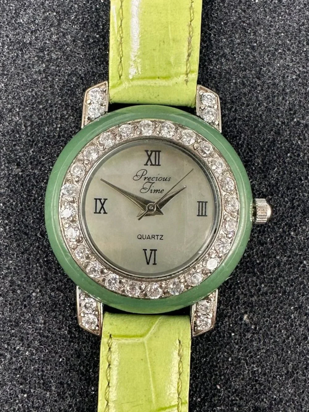 Precious Time Watch Women Silver Tone Green Leather Band New Battery 9 Inch